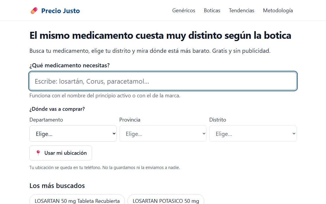 Captura de pantalla del proyecto: Precio Justo